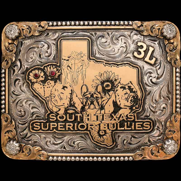 This Classic Western Style Buckle is an absolute beauty. Crafted on a hand engraved, German Silver with a light antique finish. Detailed with Jeweler's Bronze scrolls in each corner and German Silver flowers. 
